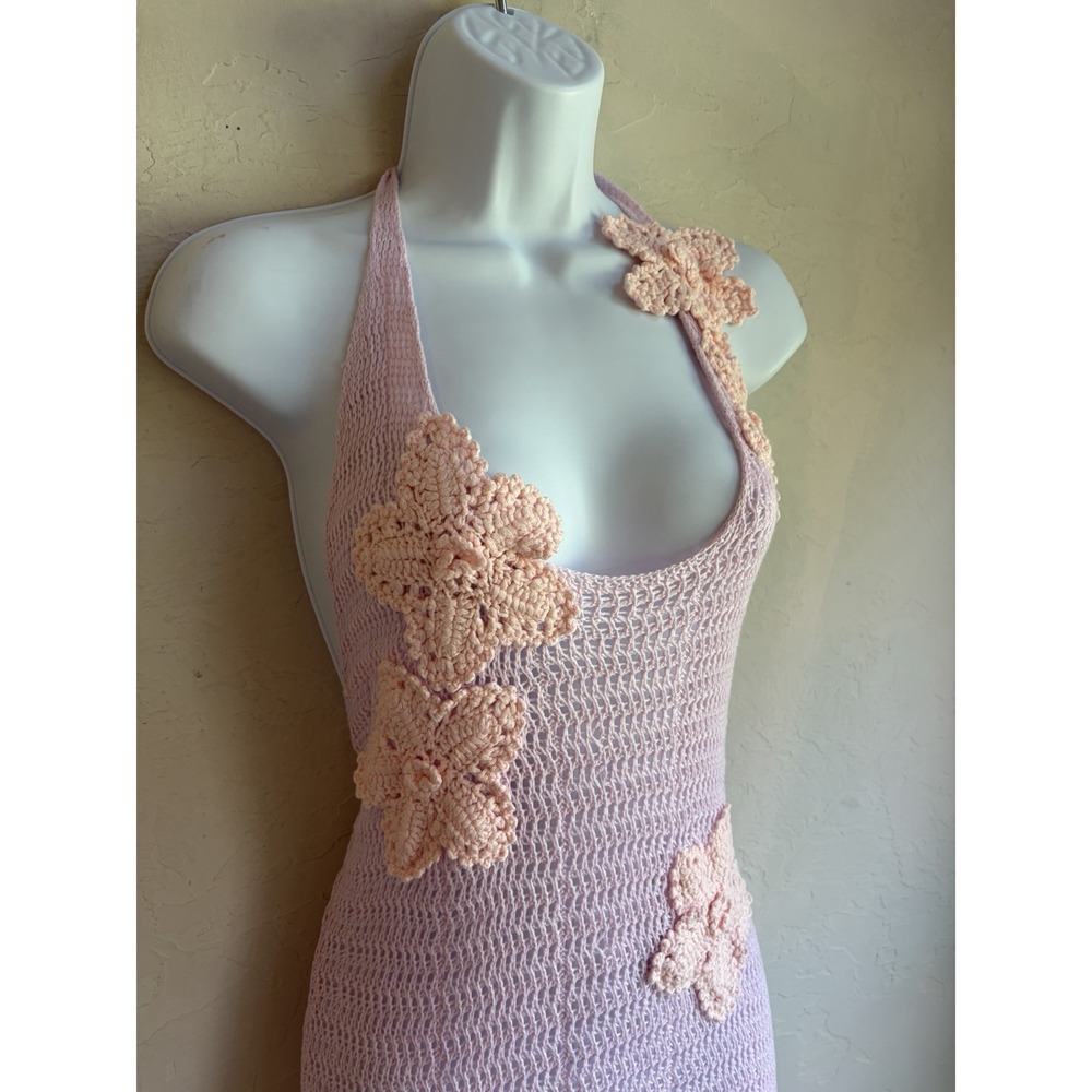 Open Knit Crochet Halter Maxi Dress S 3D Floral Appliqué Cover Up Coquette Y2K - Picture 5 of 8